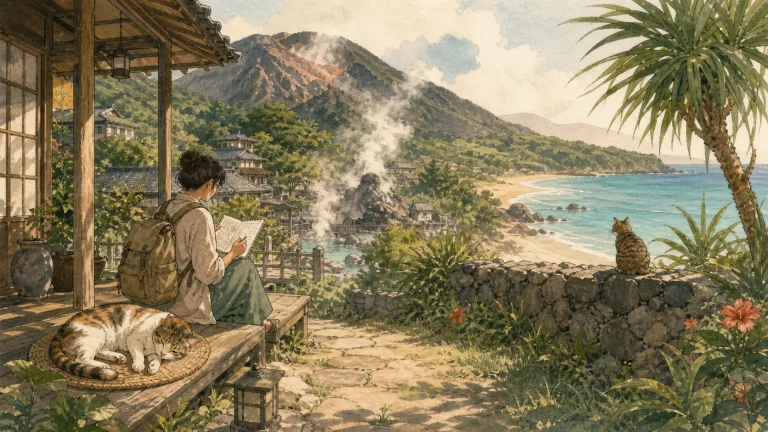 火山・温泉・南の島の海がつながる九州と沖縄で猫宿を探す旅行者のイラスト