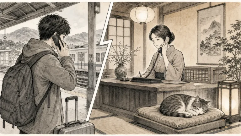 到着遅延を駅から猫宿へ電話で連絡する旅行者と受付のイラスト