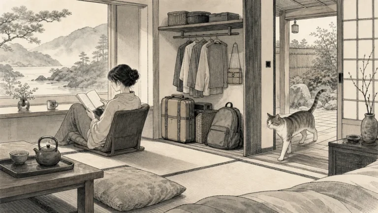 猫宿の客室で荷物を整え静かに読書しながら連泊する旅行者のイラスト