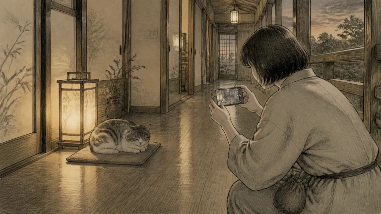 夕暮れの猫宿の廊下で柔らかな照明の近くに休む猫を離れてスマホ撮影する宿泊者のイラスト