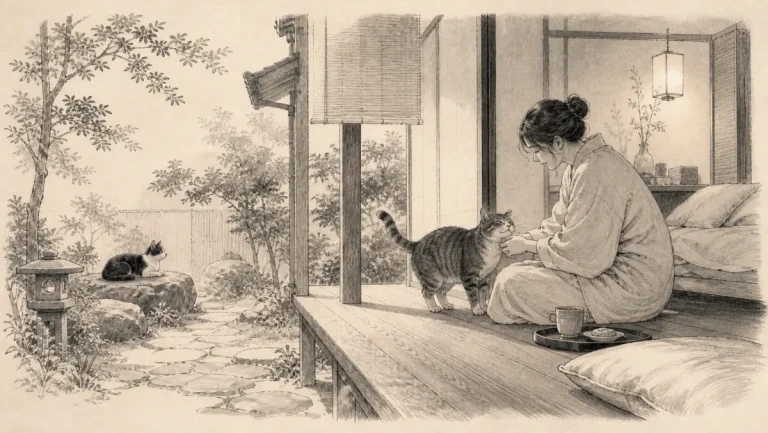 離れて猫を見る場面と猫から近づいて短く触れ合う場面を対比した猫宿のイラスト