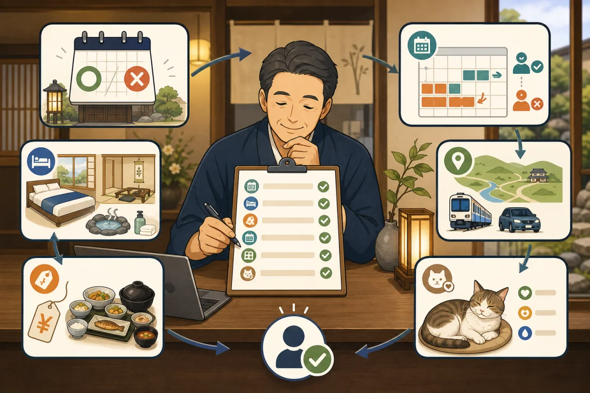 宿主が営業、客室、料金、予約、アクセス、看板猫の情報を一つの台帳で更新するイラスト