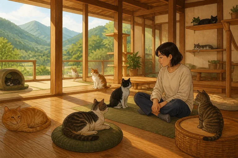 秩父の山を望む保護猫専用スペースで、旅行者が猫の距離を尊重して静かに過ごすイラスト