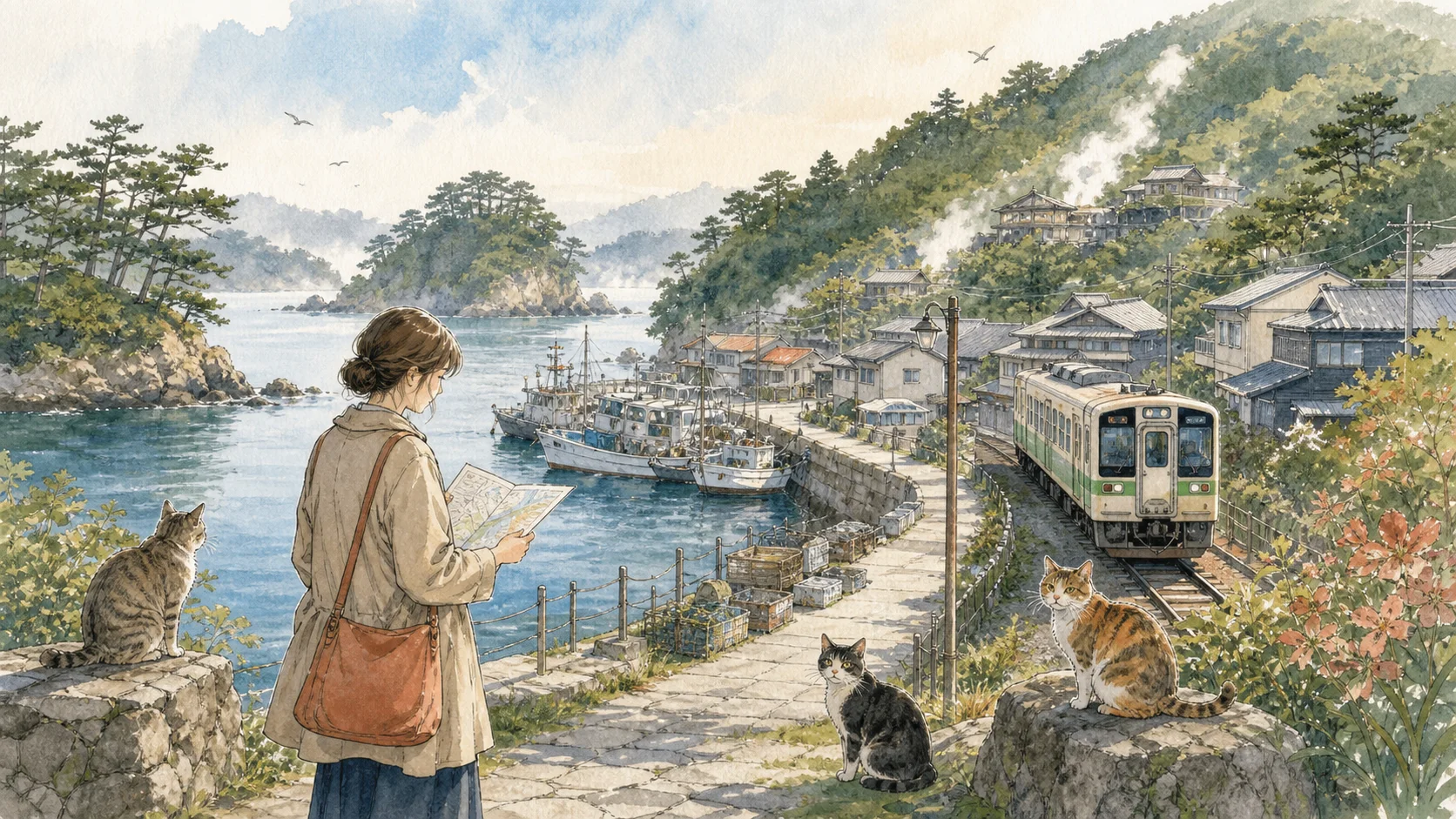 松島を思わせる島々・漁港・ローカル線を背景に宮城県の猫宿を探す旅行者のイラスト