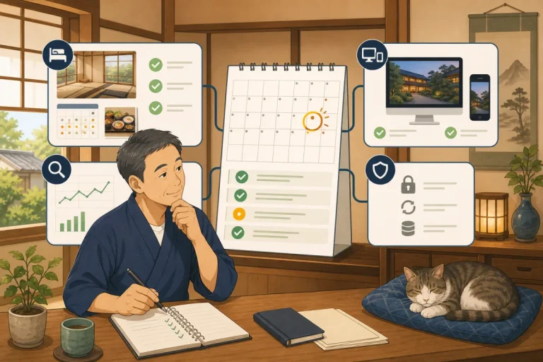 旅宿主人用每月检查清单确认预订信息、智能手机显示、搜索情况与WordPress安全性的插画