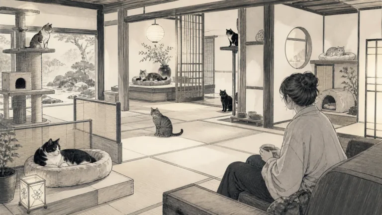 複数の猫が別々の寝床や高い場所を使う猫宿で旅行者が静かに観察するイラスト