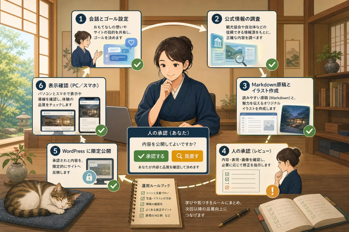 宿主の承認を中心にAIとの相談、公式情報の調査、原稿作成、限定公開、パソコンとスマートフォンでの確認を繰り返すイラスト