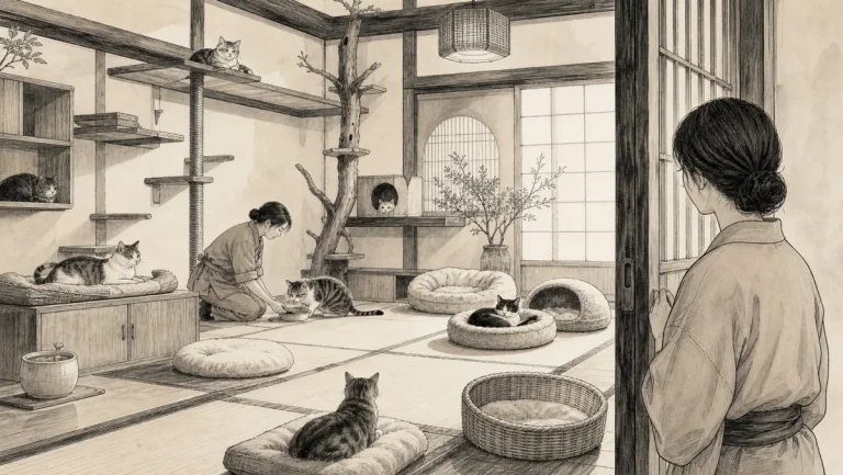 猫宿の落ち着いた専用室で保護猫を世話するスタッフを入口から静かに見る旅行者のイラスト