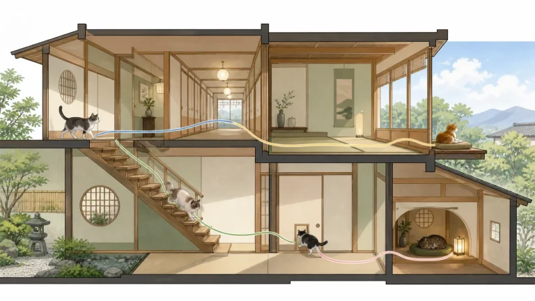 廊下や階段や縁側と猫用小窓を猫の移動経路として描いた建築断面風イラスト