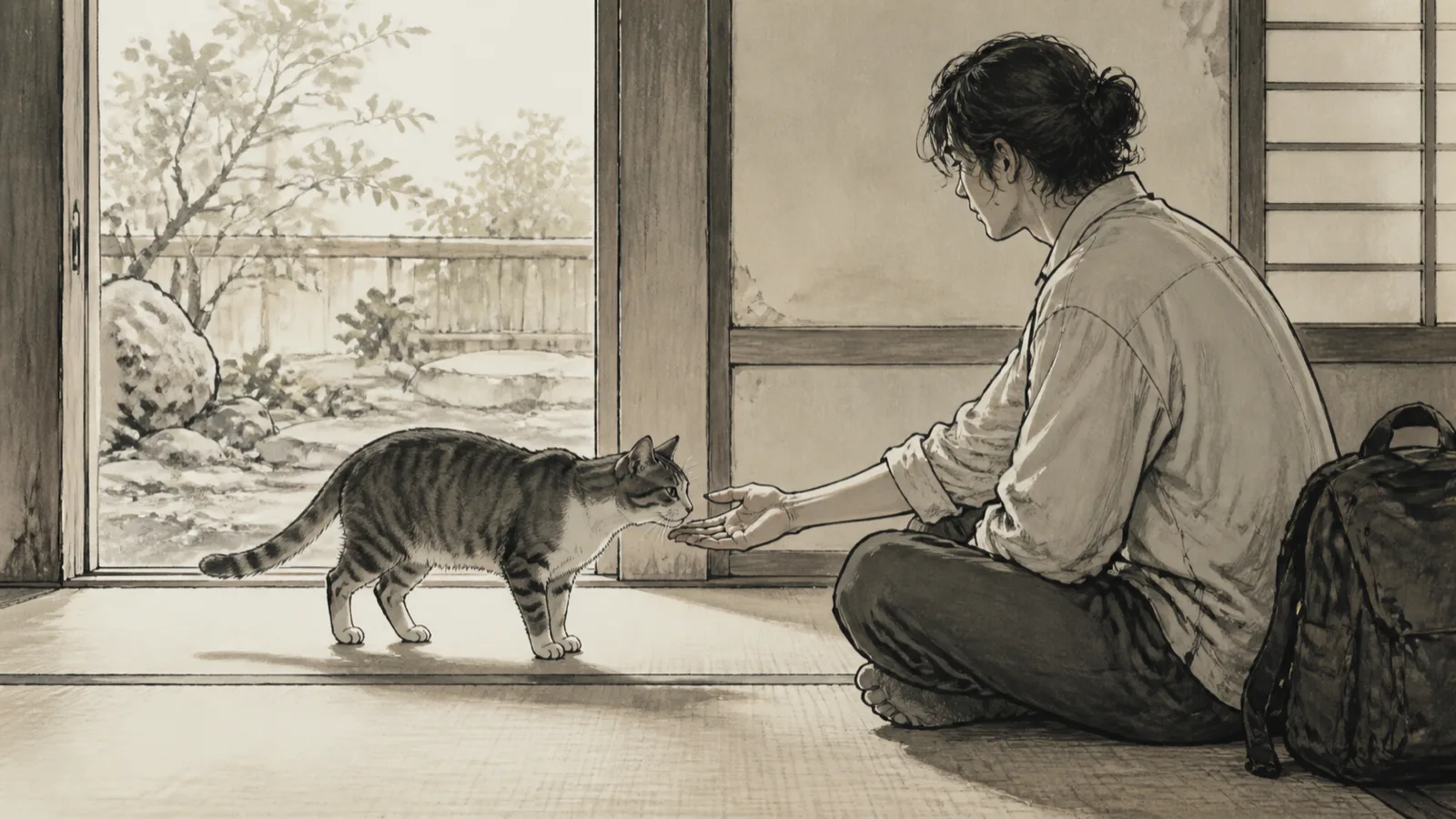 座って静かに手を差し出し、近づく猫を待つ旅行者のイラスト