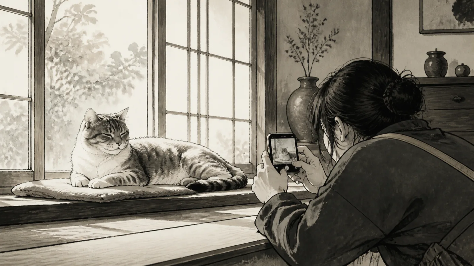 窓辺で休む猫を離れた場所からスマートフォンで撮る旅行者のイラスト
