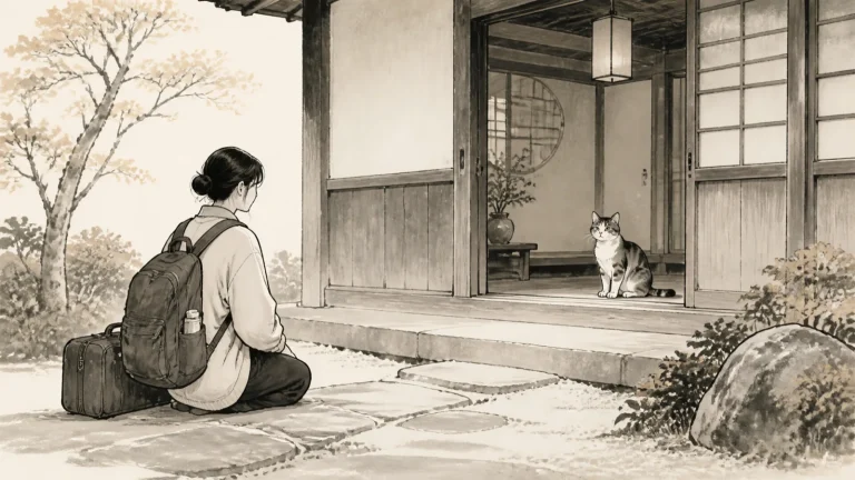 猫が待つ小さな宿の玄関で、距離を取って座る旅行者のイラスト