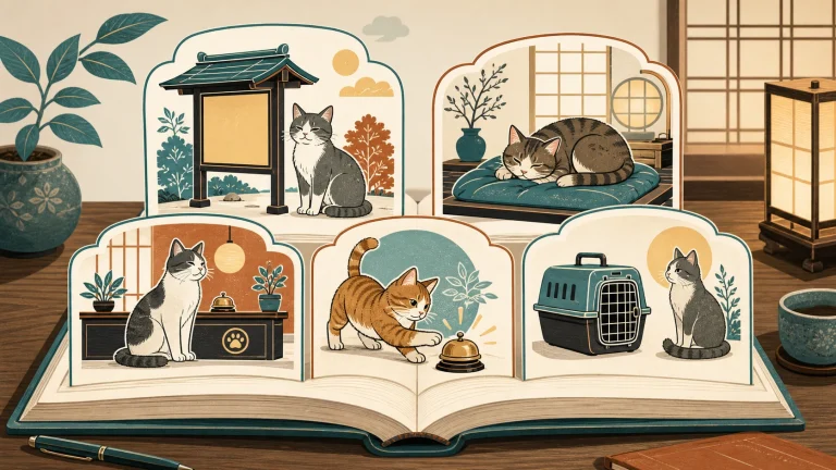 看板猫や宿猫や猫女将などの呼び方を宿の場面ごとに整理した辞典風イラスト
