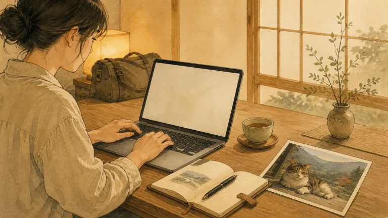旅行から戻った人が看板猫の写真と旅ノートを見ながら宿の口コミを書くイラスト