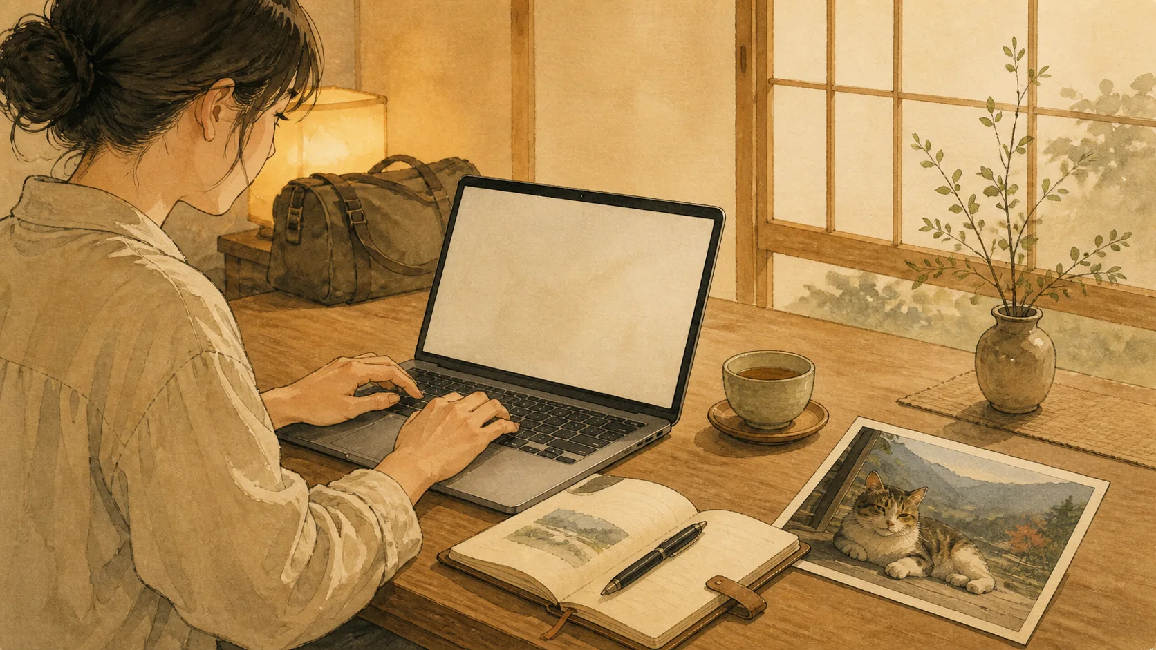 旅行から戻った人が看板猫の写真と旅ノートを見ながら宿の口コミを書くイラスト
