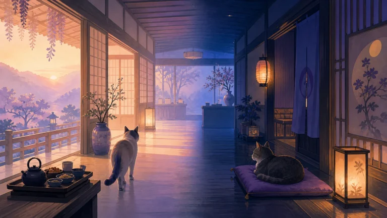 同じ猫宿の朝の柔らかな光と夜の灯りで異なる猫の過ごし方を対比したイラスト