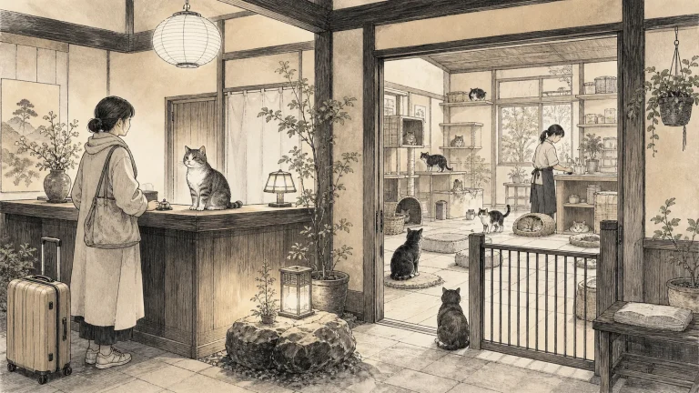 一匹の看板猫がいる宿の受付と複数の保護猫が暮らす管理された交流区域を描いたイラスト
