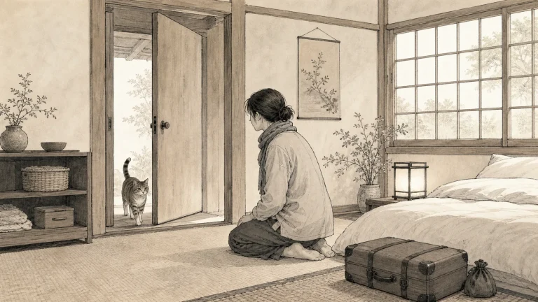片付いた客室へ自分から入ってくる看板猫を静かに迎える宿泊者のイラスト
