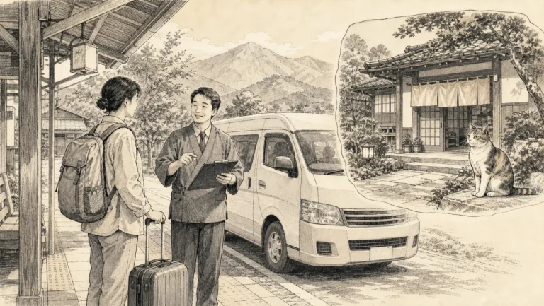 駅前で予約した猫宿の送迎車と運転手に会う旅行者のイラスト