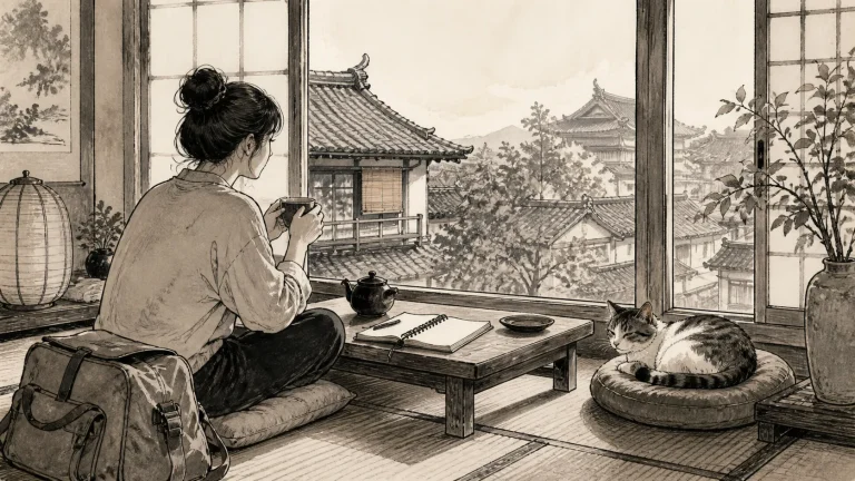 窓辺でお茶と旅の記録を楽しみながら看板猫と静かに過ごす一人旅の宿泊者のイラスト