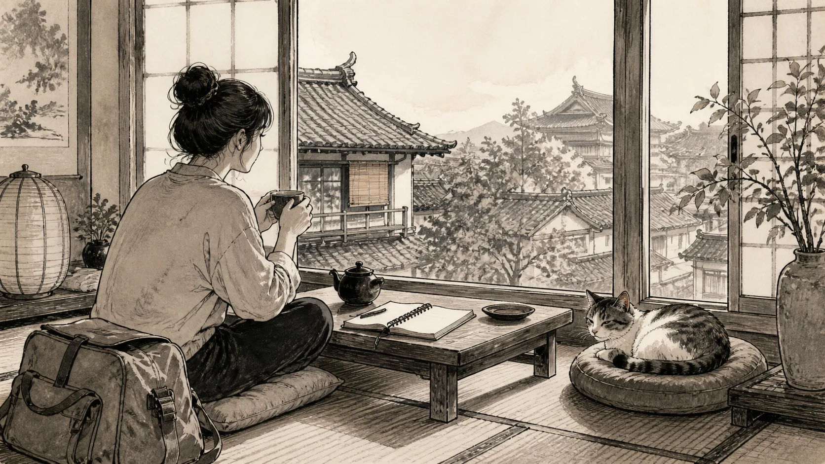 窓辺でお茶と旅の記録を楽しみながら看板猫と静かに過ごす一人旅の宿泊者のイラスト