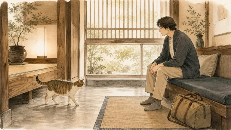 宿の談話室で旅行者が静かに待ち、看板猫が自分から近づく様子を描いたイラスト