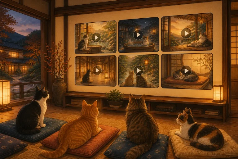 猫たちが旅館の動画ライブラリーを眺めるイラスト