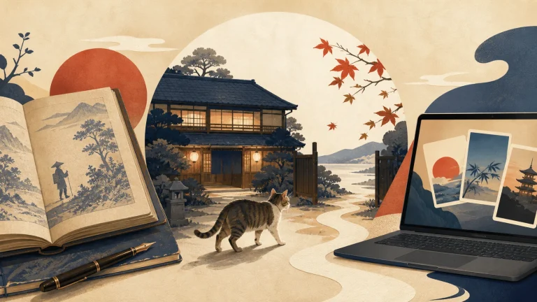 古い旅行本から現代の宿検索へ猫のいる宿の歩みをたどる年表風イラスト