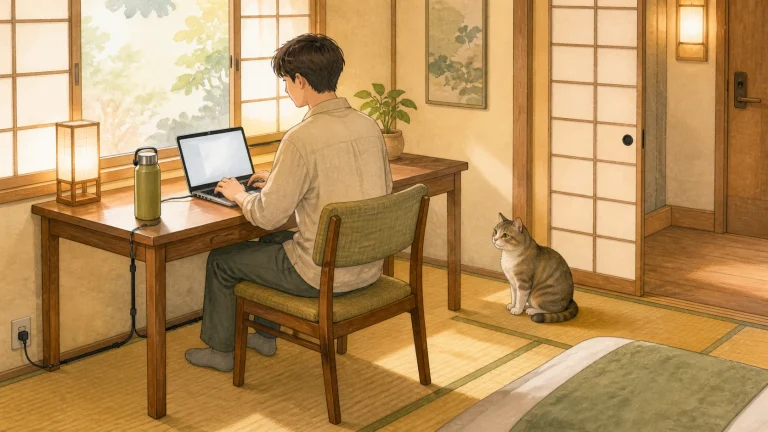 猫宿の客室で安全に配線をまとめた机を使い、近くで見守る猫と静かにワーケーションする旅行者のイラスト