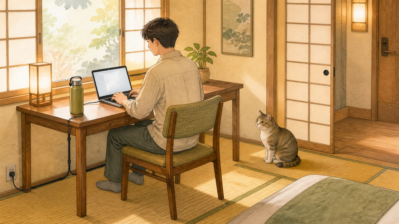 猫宿の客室で安全に配線をまとめた机を使い、近くで見守る猫と静かにワーケーションする旅行者のイラスト