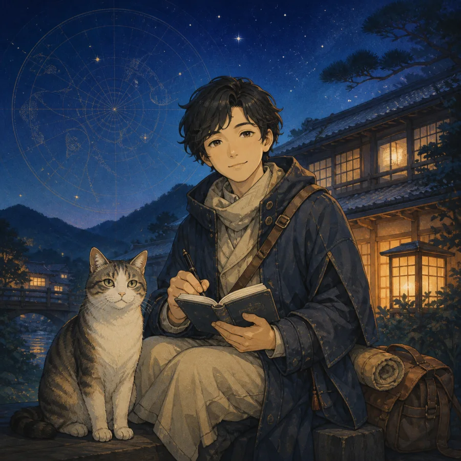 猫宿の前で猫と一緒に研究手帳を開くネコセンのイラスト