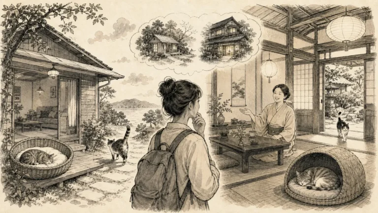 一棟貸しの建物と旅館の共用部という二つの猫宿を検討する旅行者のイラスト
