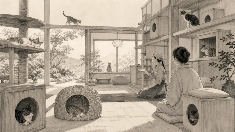保護猫が暮らす猫宿の専用空間をスタッフと静かに見学する旅行者のイラスト