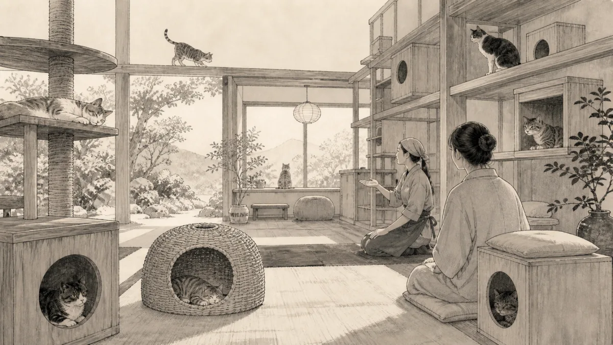 保護猫が暮らす猫宿の専用空間をスタッフと静かに見学する旅行者のイラスト