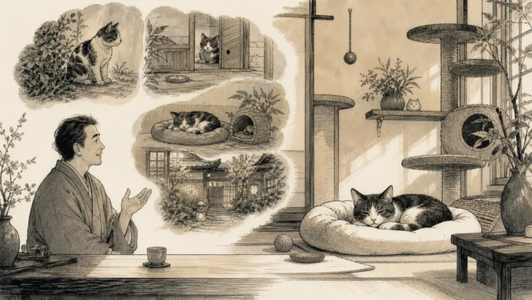 保護猫を迎えた経緯を安全な猫室で暮らす現在の猫とともに宿主が語るイラスト