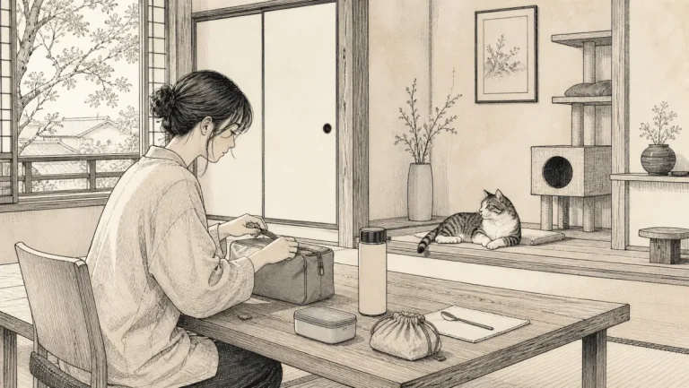 素泊まりの猫宿で持参した食事を安全に片付ける旅行者のイラスト