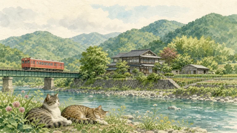 秩父を思わせる川と山とローカル線のそばで猫が休む埼玉県の猫宿ガイドのイラスト