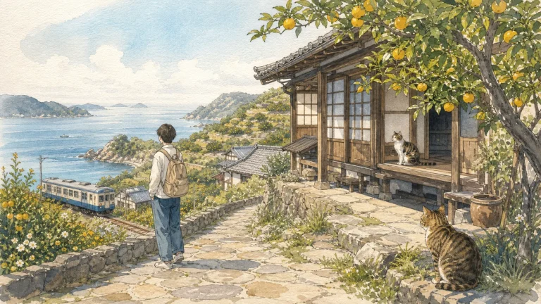 島の海・柑橘畑・古民家・ローカル線のある四国で猫宿を探す旅行者のイラスト