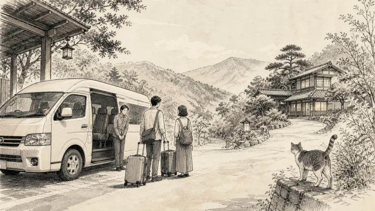 駅前で予約した猫宿の送迎車を利用する旅行者のイラスト