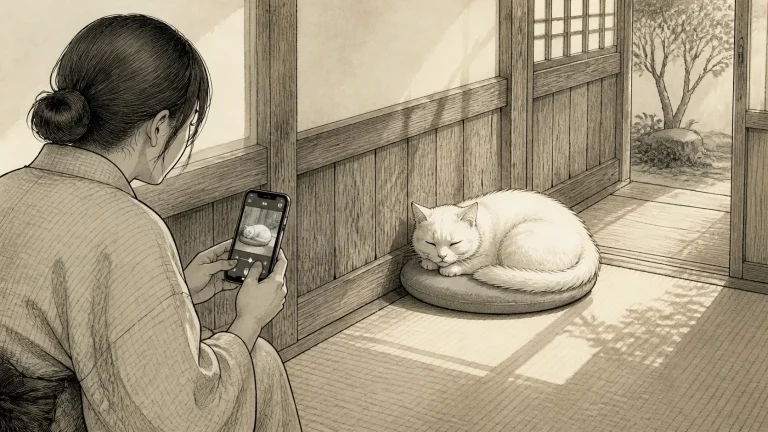 猫宿の専用ベッドで眠る猫から離れた場所でスマートフォンを低く構える宿泊者のイラスト