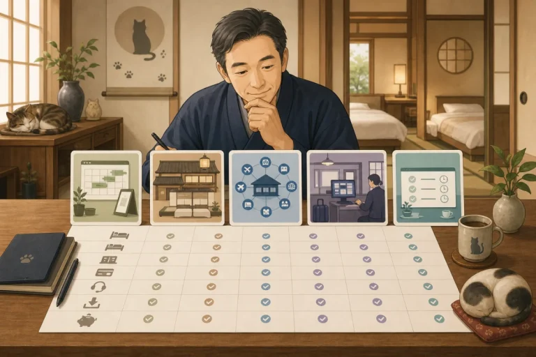 Illustration where a host of a small inn compares reservation systems based on the same criteria for accommodation, consecutive nights, inventory synchronization, payment, support, and data output.