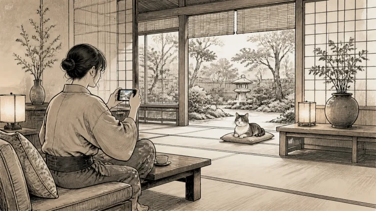 猫宿のラウンジで離れて座り看板猫をスマートフォンで静かに撮影する宿泊者のイラスト