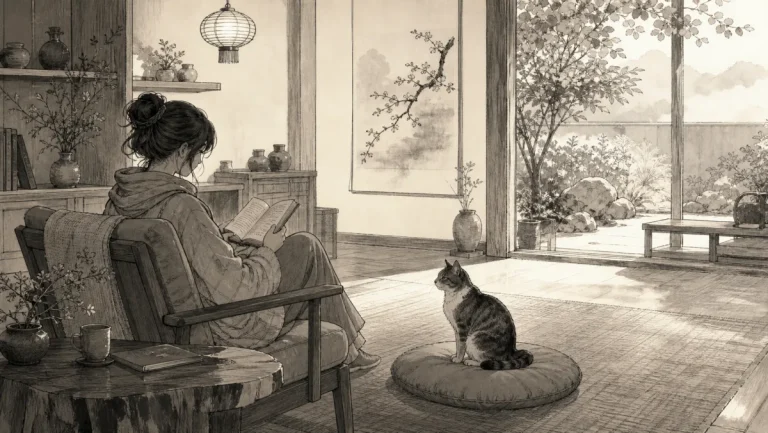 小さな猫宿のラウンジで一人静かに読書する旅行者と看板猫のイラスト
