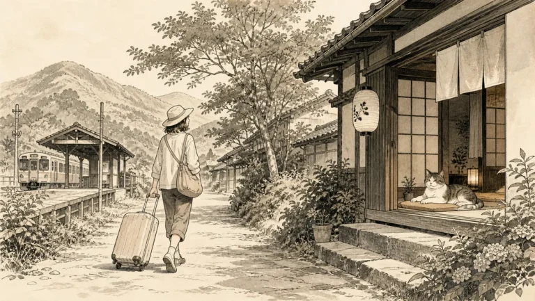 小さな駅から荷物を持って猫宿へ歩く旅行者のイラスト