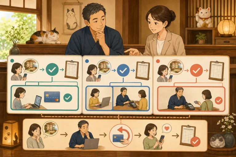 Illustration where the host compares the flow of online advance payment, local card payment, reservation system standard payment, and refund process.