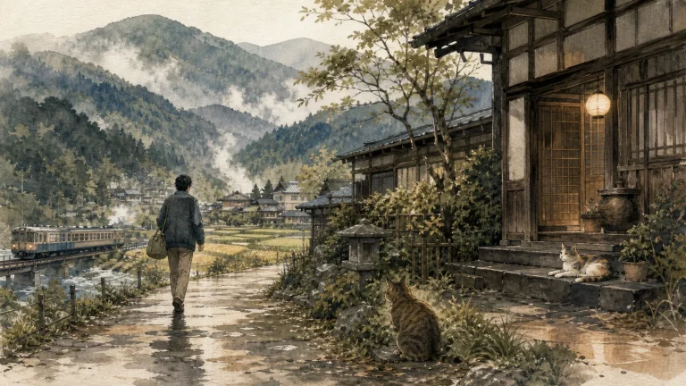 山・温泉・田園・ローカル線のある東北で猫宿を訪ねる旅行者のイラスト