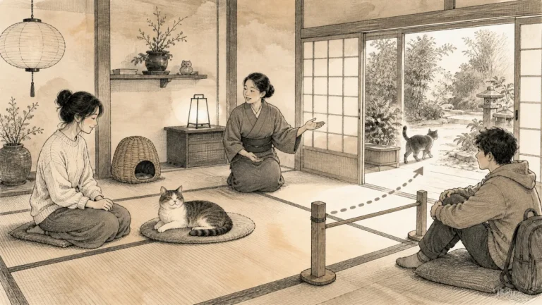 猫好きの旅行者と猫が苦手な同行者が宿の人から距離の取り方を聞くイラスト