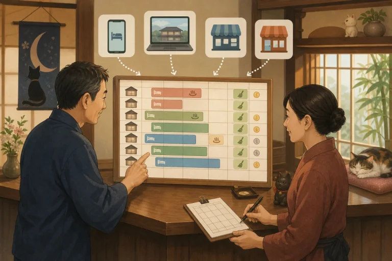 At an inn with less than 10 rooms, reservations made by phone, official website, and reservation site are all in one ledger.Summary, illustration shared by two hosts