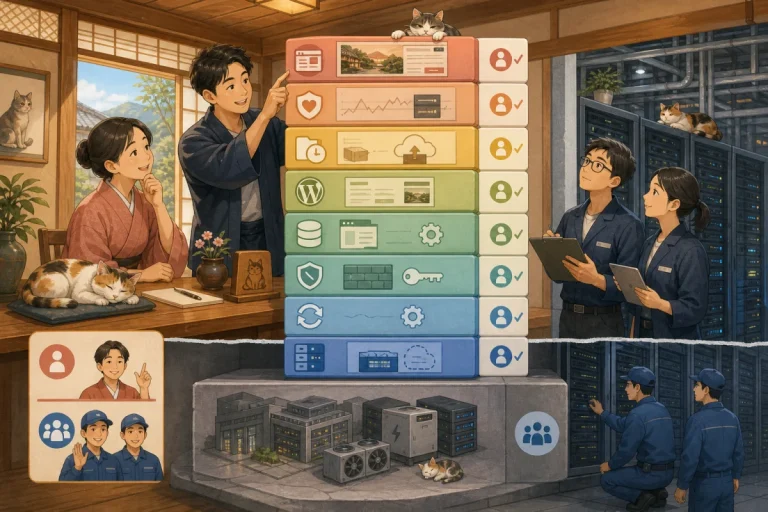 Illustration where the VPS operator manages the physical infrastructure and the inn staff manages the OS, firewall, WordPress, monitoring, and backup layers.