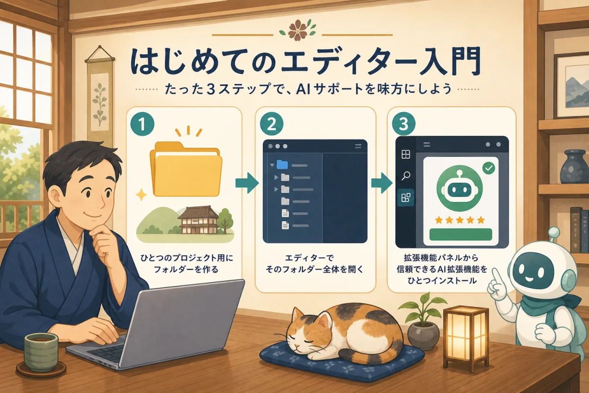 宿主が作業フォルダを作り、VS Codeでフォルダ全体を開き、AI拡張機能を導入する3段階のイラスト